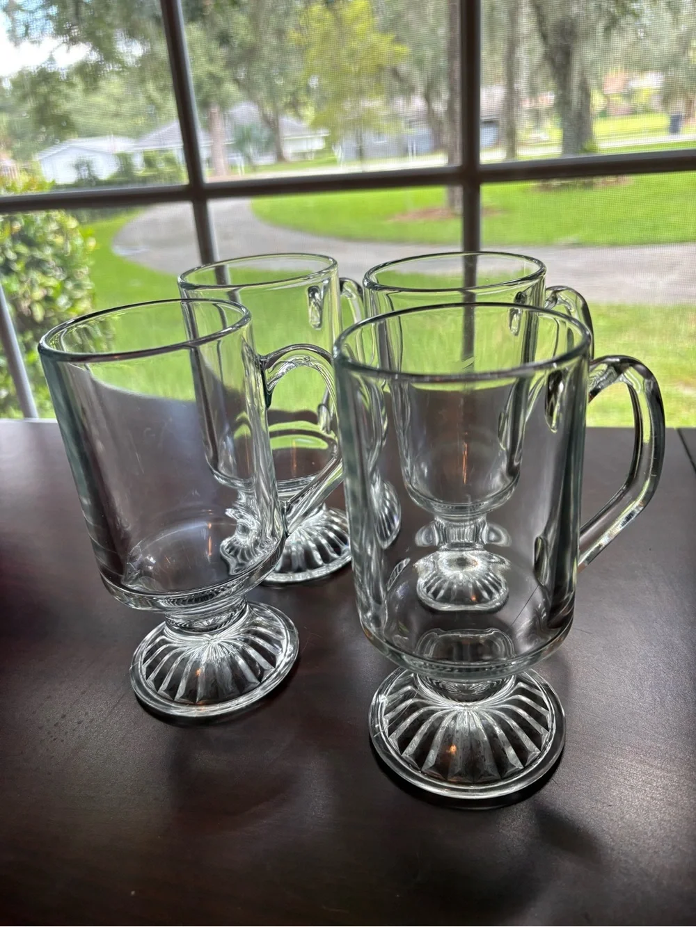 Set of 4 Clear Glass Footed Mugs with Handles